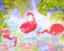 cottages and beach living paintings Dance of Flamingoes