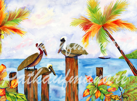 tropical wild life paintings Pelicans Gather